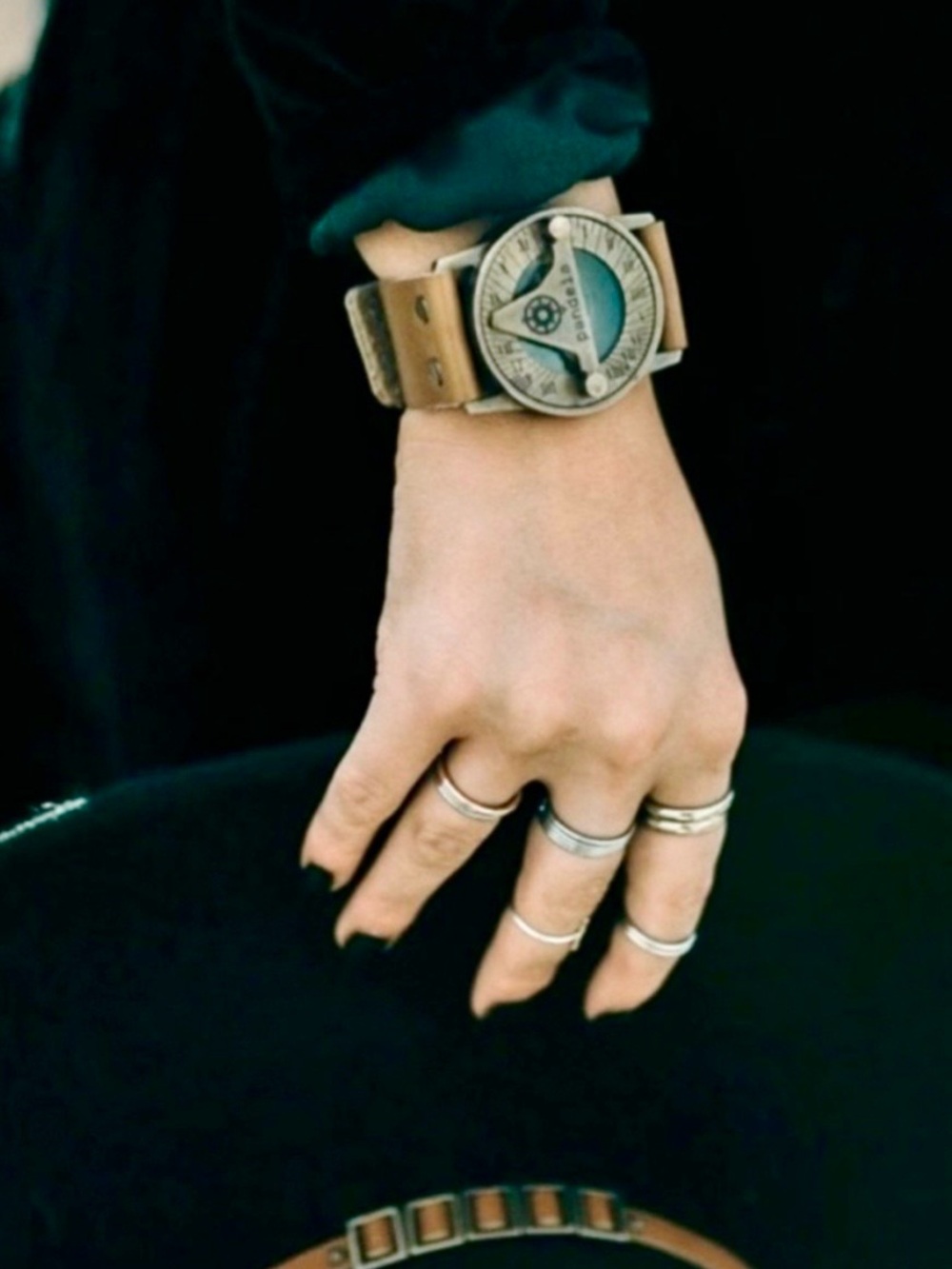 PANDEIA Sundial Watch Black Leather Cuff Bronze Roman Numeral Steampunk Artisan